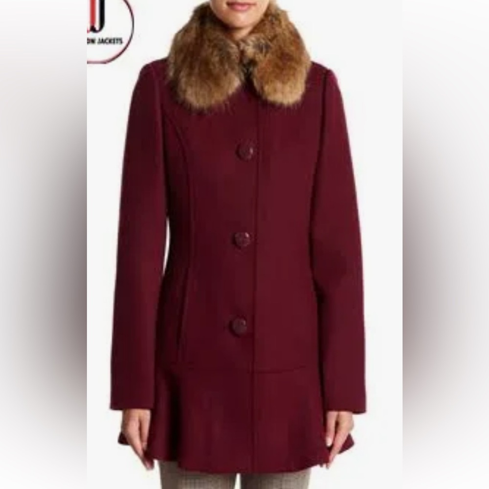 Kate Spade New York Faux Fur Collar Wool Blend Flounce Coat